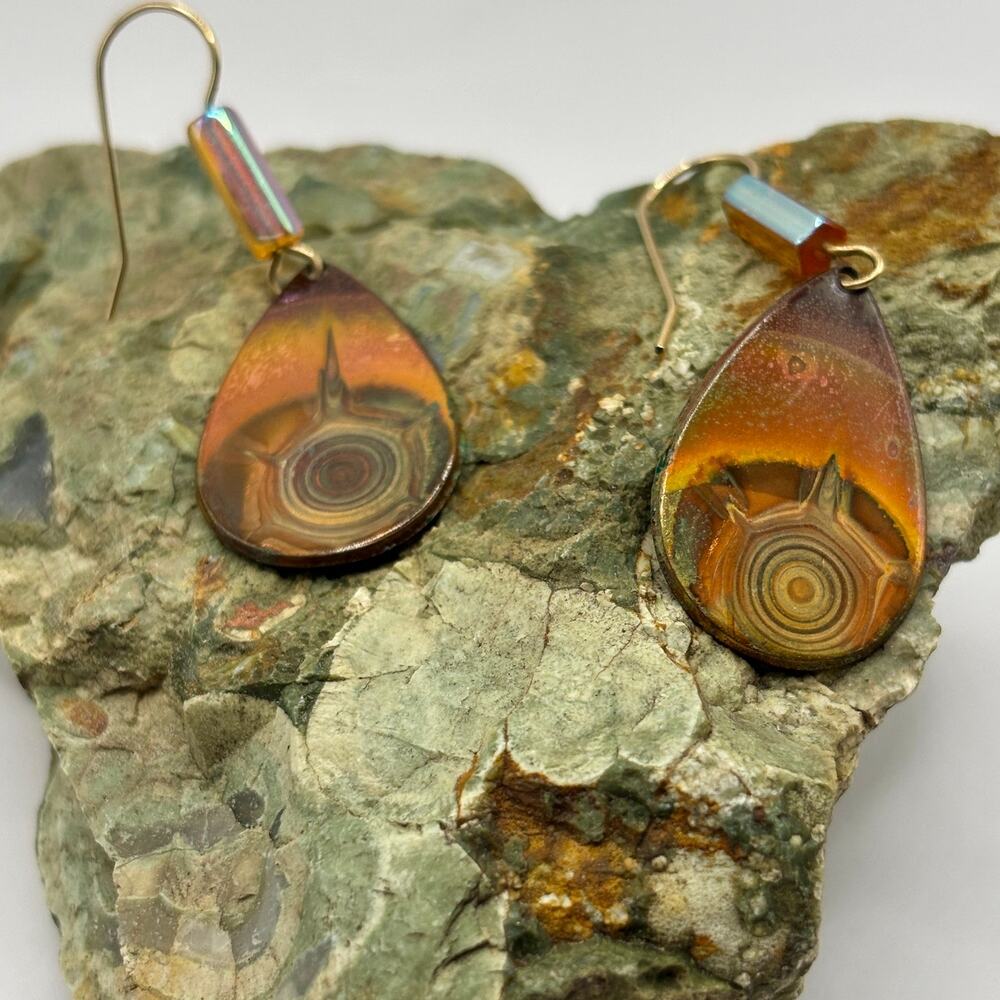 Vintage 1970's Flame Painted Copper Dangle Earrings